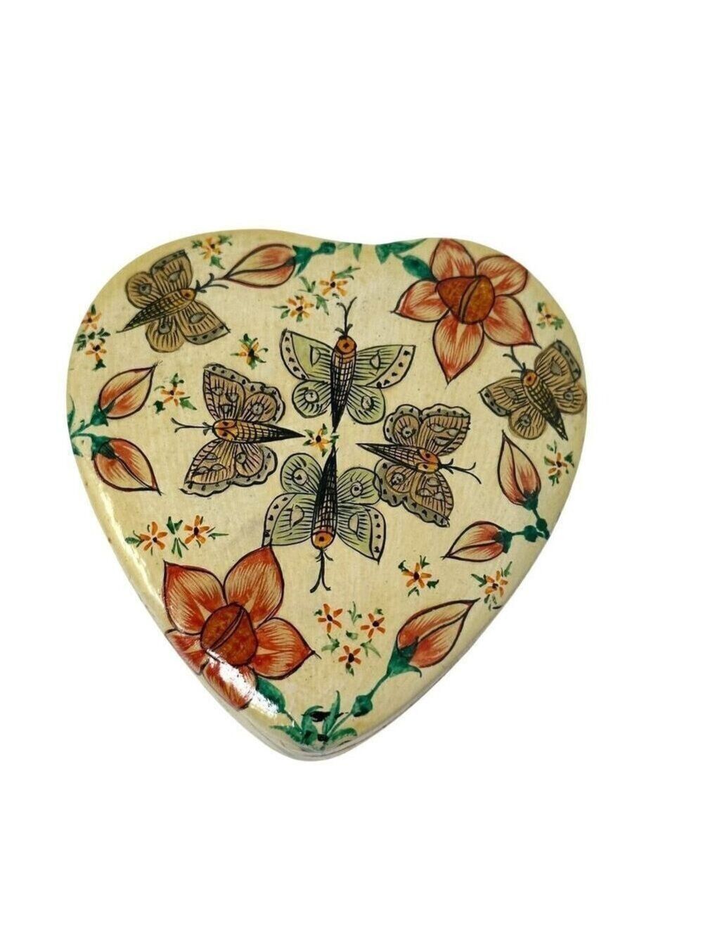 Vintage Handmade Fetco Kashmir Heart Shaped Lacquered Trinket Box Botanical